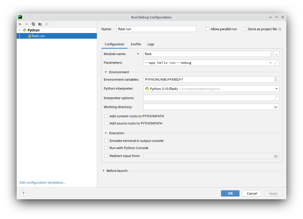 Скриншот конфигурации запуска PyCharm.