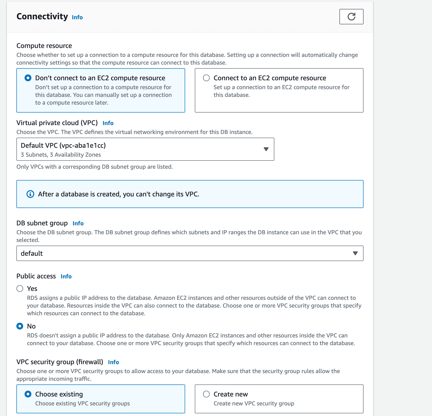 RDS Create database connectivity