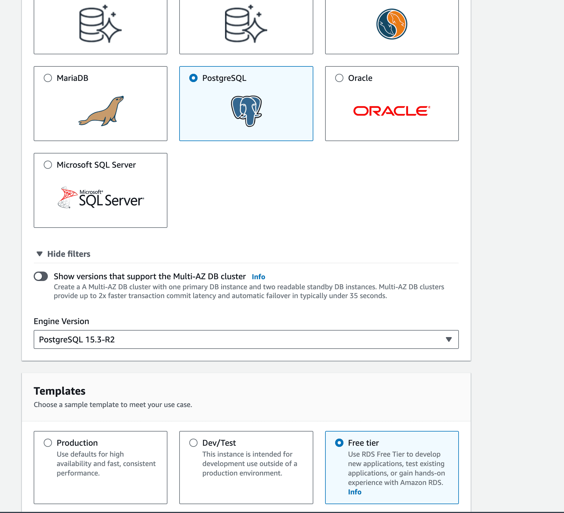 RDS Create database