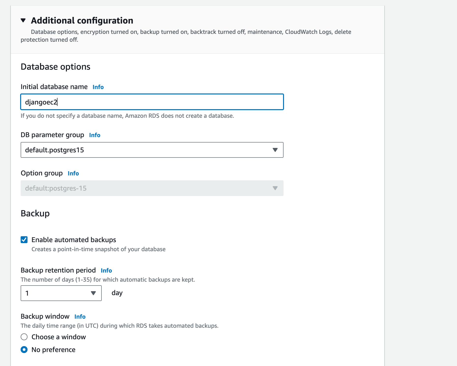 RDS Create database initial DB name
